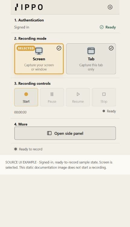 IPPO extension recorder with Screen selected, a Tab option, Start and Open side panel controls.