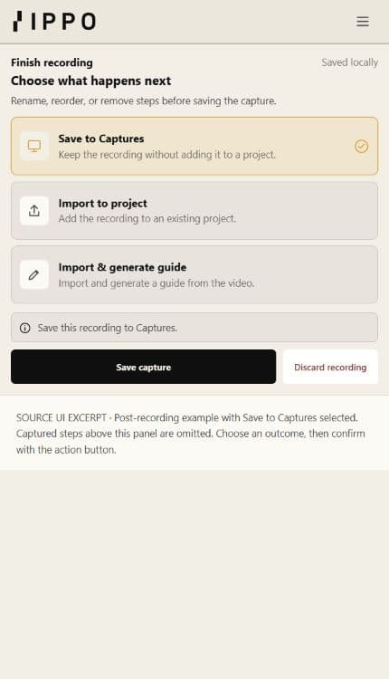 Extension review panel with Save to Captures, Import to project, Import and generate guide, and Save capture.