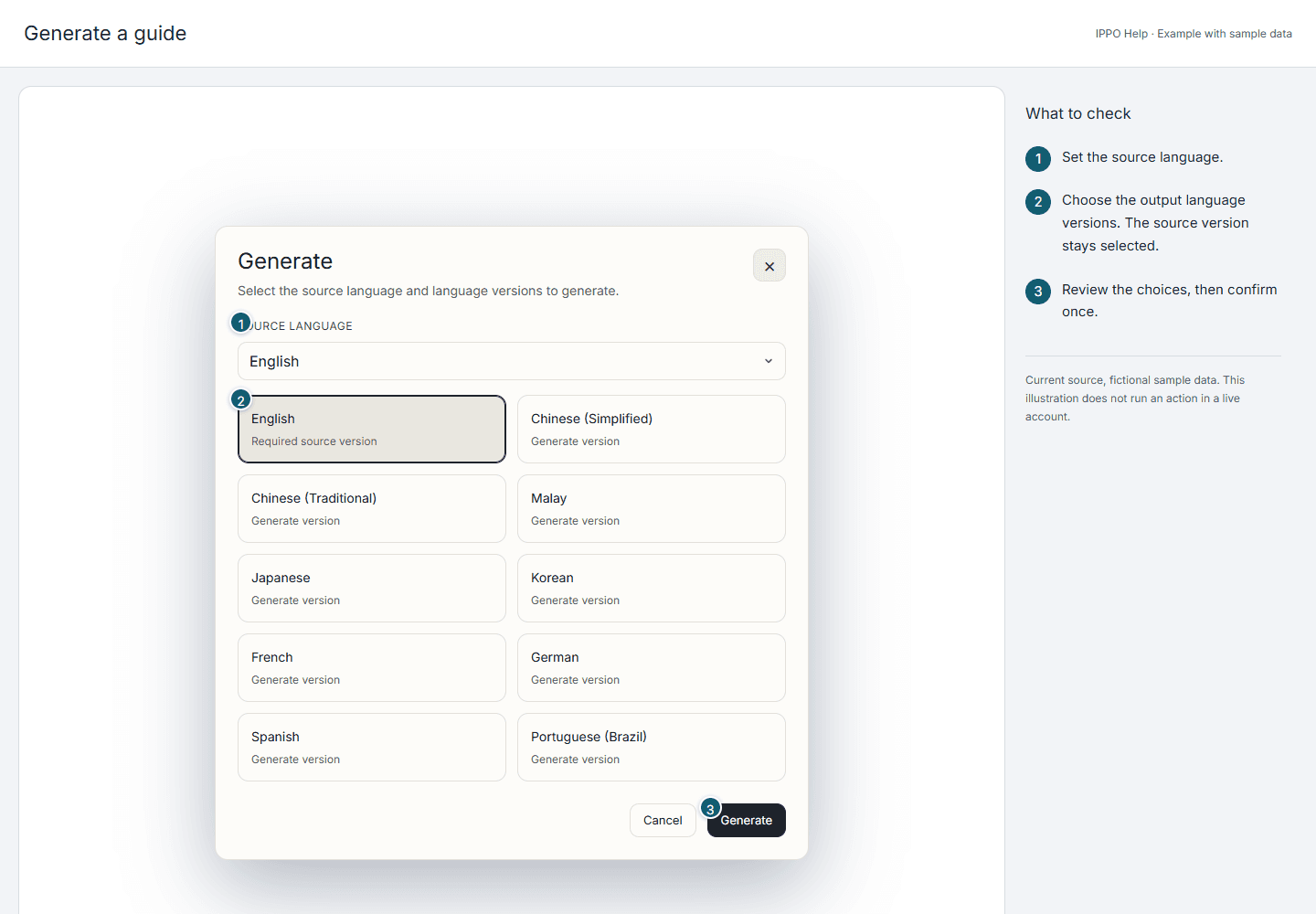 Source-rendered generation dialog with Source language, output language choices and the Generate confirmation, annotated to show the decision order.