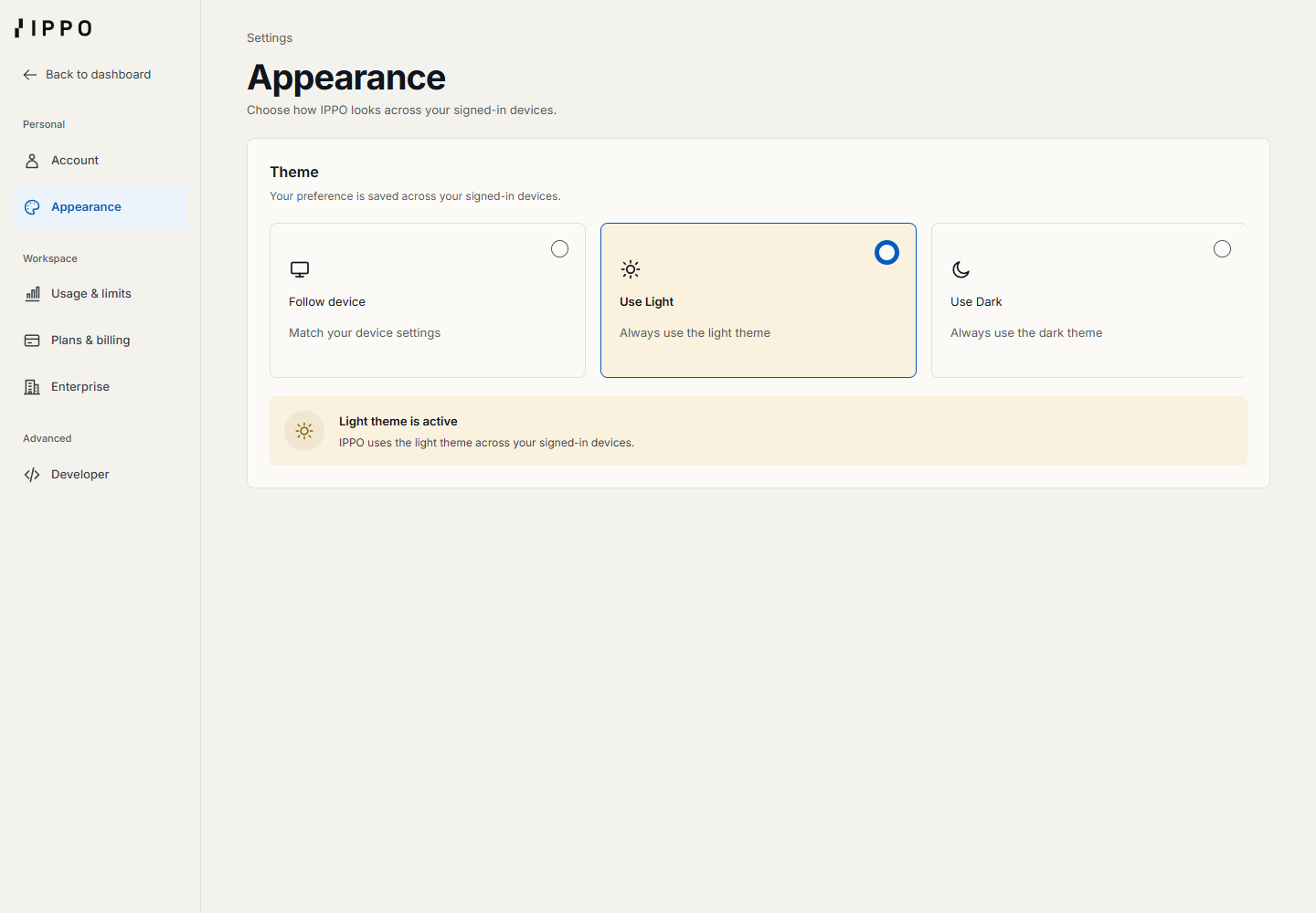 Appearance settings with Follow device, Use Light and Use Dark choices; Use Light is selected.