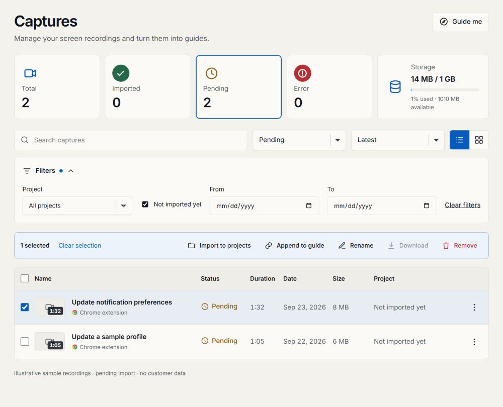 Captures library with Pending recordings, search, expanded filters and selected-capture actions.