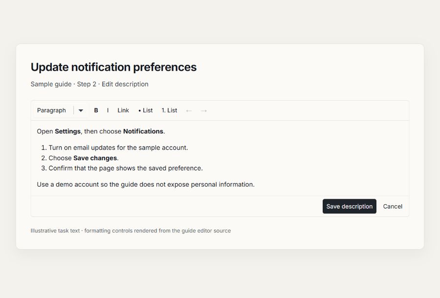 Guide step description editor showing paragraph style, bold, italic, link and list controls with Save description.