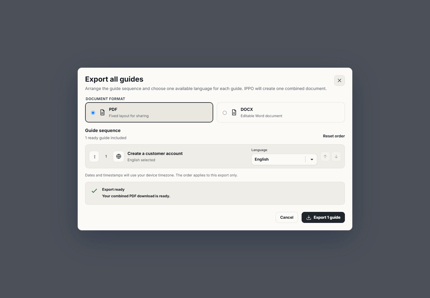 Export all guides dialog with PDF and DOCX choices, guide sequence, language selection and an example Export ready status.