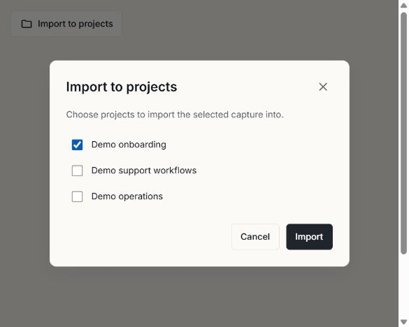 Import to projects dialog with Demo onboarding selected in Destination projects and an Import button.