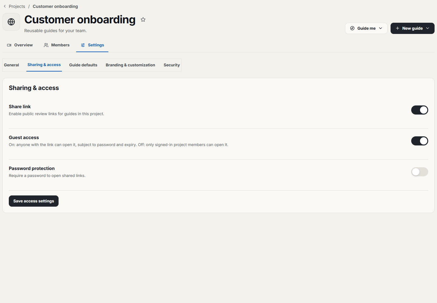 Project Sharing and access settings with Share link, Guest access and Password protection switches and Save access settings.