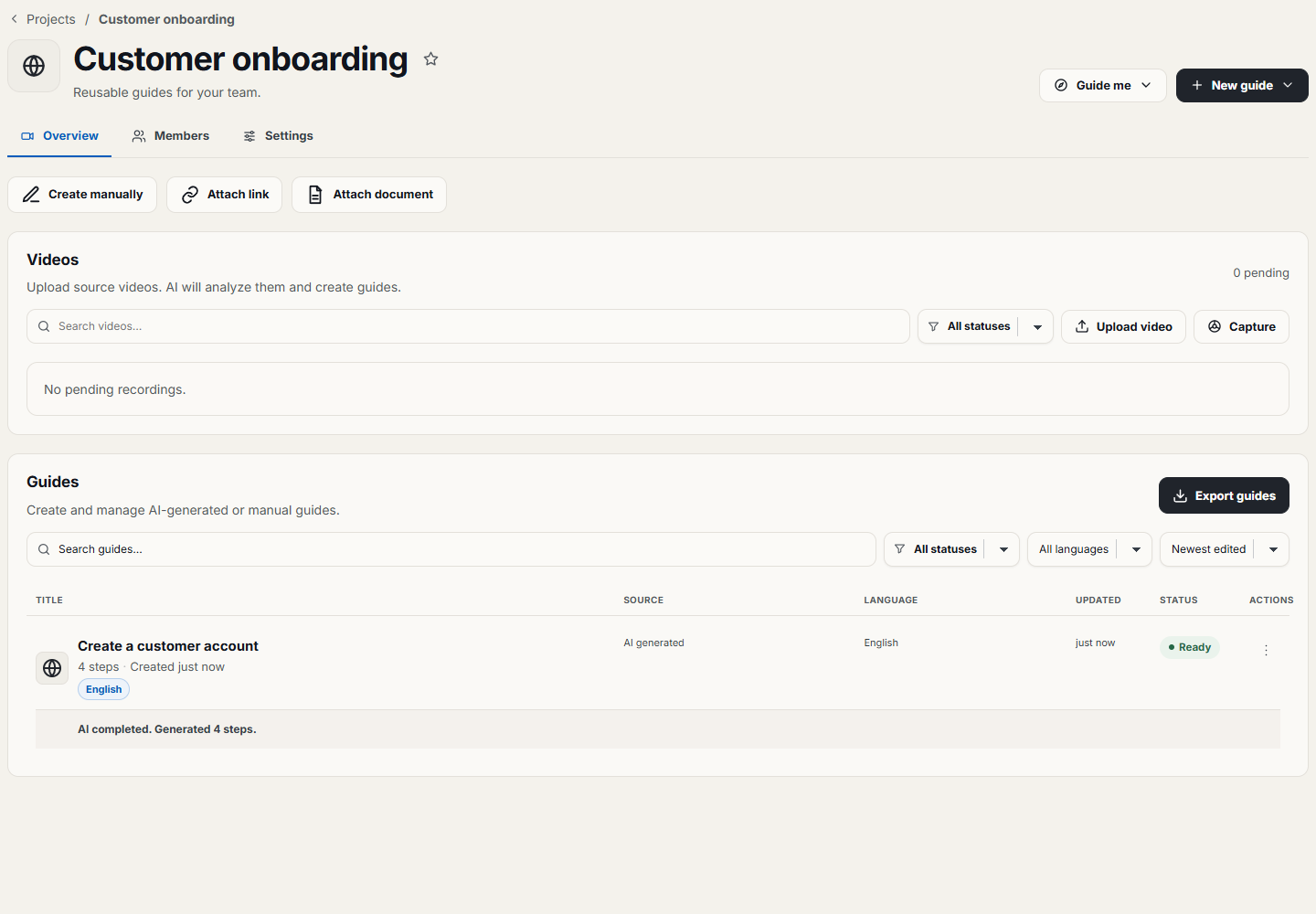 Sample project workspace showing source material and the Upload video entry point.