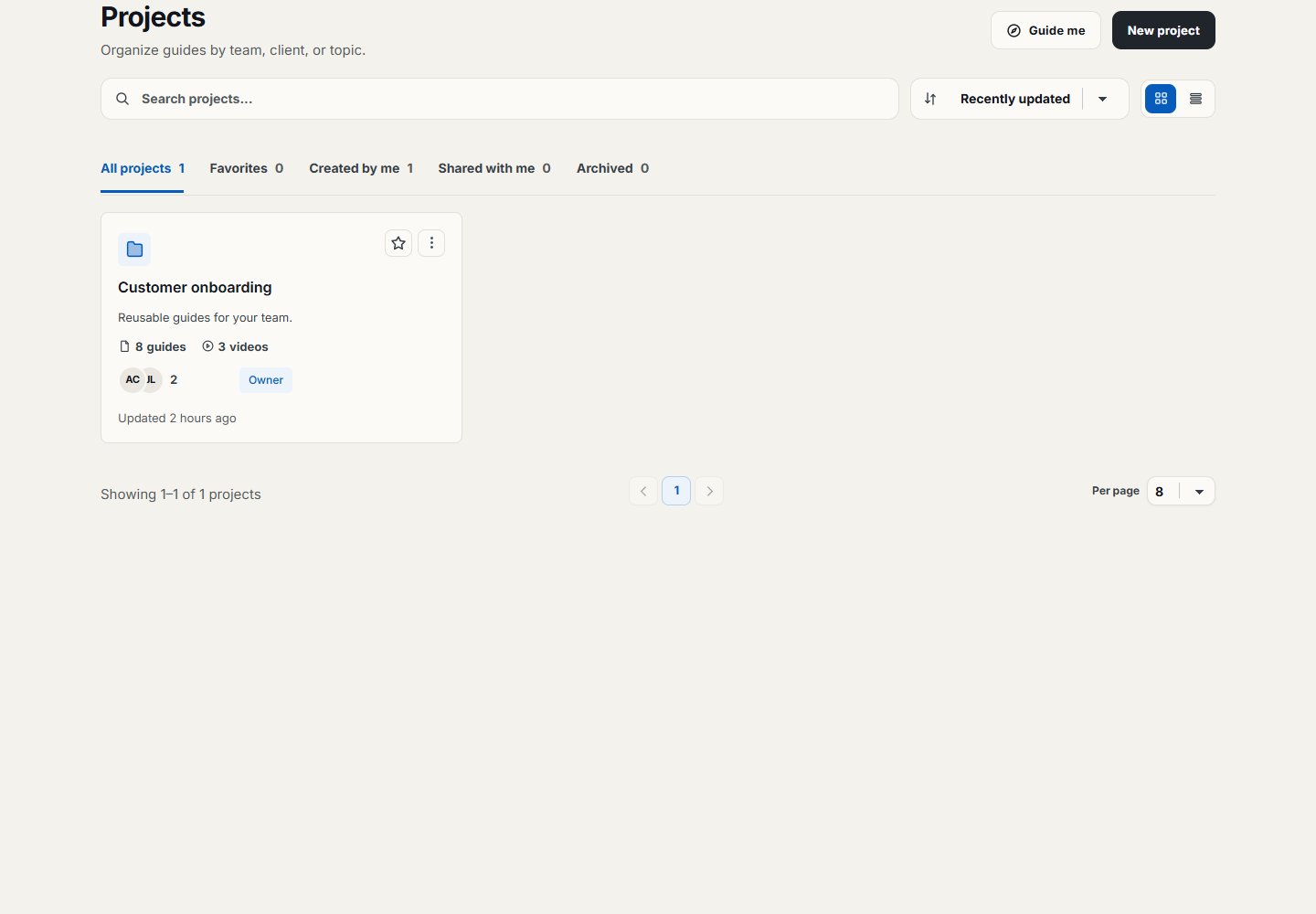 Projects grid with search, sorting, project tabs, a New project button and a sample Customer onboarding project.