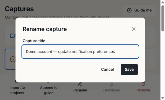 Rename capture dialog with a Capture title field, Cancel and Save buttons.